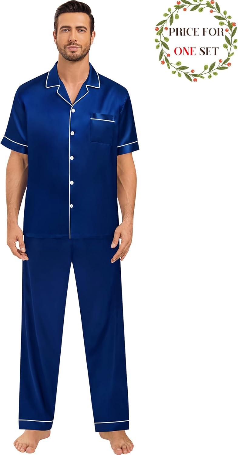 imageSWOMOG Matching Pajamas for Couples Satin Short Sleeve Sleepwear WomenMen Silk Soft Button Down Nightwear 2 Pcs LoungewearNavy Blue