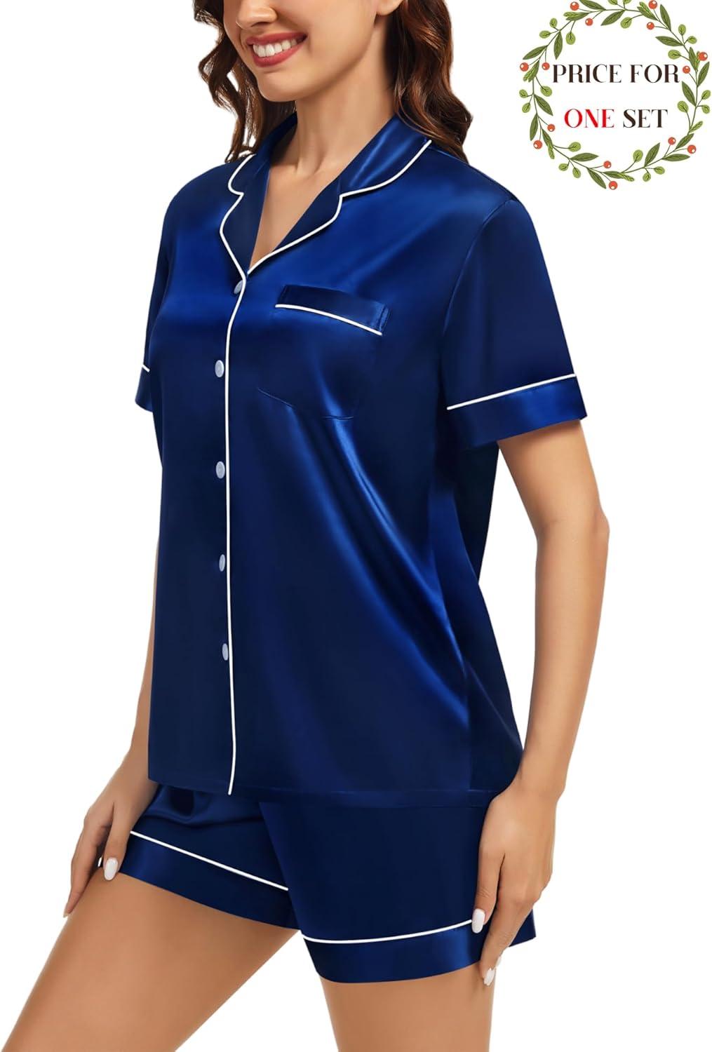 imageSWOMOG Matching Pajamas for Couples Satin Short Sleeve Sleepwear WomenMen Silk Soft Button Down Nightwear 2 Pcs LoungewearNavy Blue