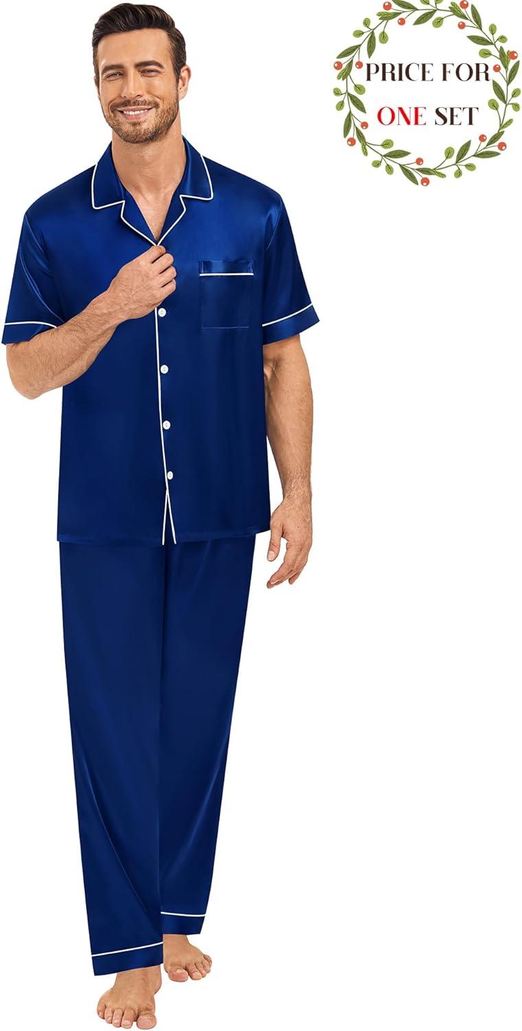 imageSWOMOG Matching Pajamas for Couples Satin Short Sleeve Sleepwear WomenMen Silk Soft Button Down Nightwear 2 Pcs LoungewearNavy Blue