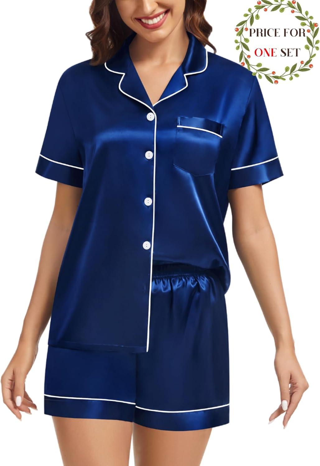 imageSWOMOG Matching Pajamas for Couples Satin Short Sleeve Sleepwear WomenMen Silk Soft Button Down Nightwear 2 Pcs LoungewearNavy Blue