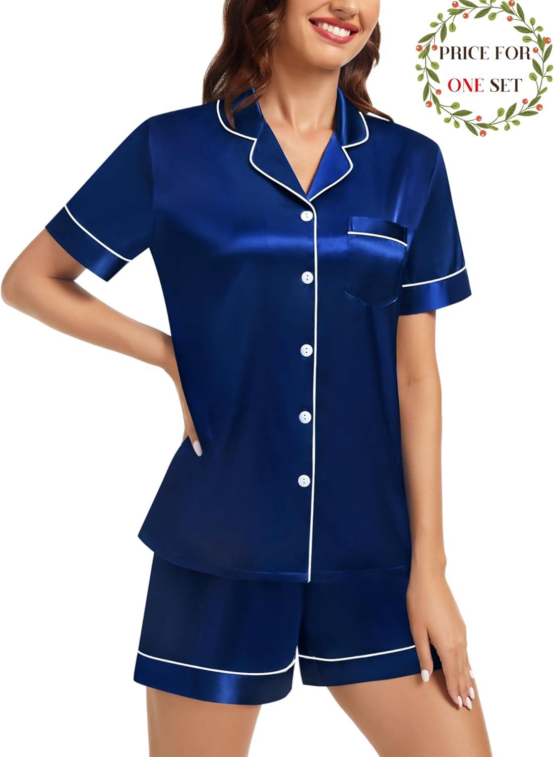 imageSWOMOG Matching Pajamas for Couples Satin Short Sleeve Sleepwear WomenMen Silk Soft Button Down Nightwear 2 Pcs LoungewearNavy Blue