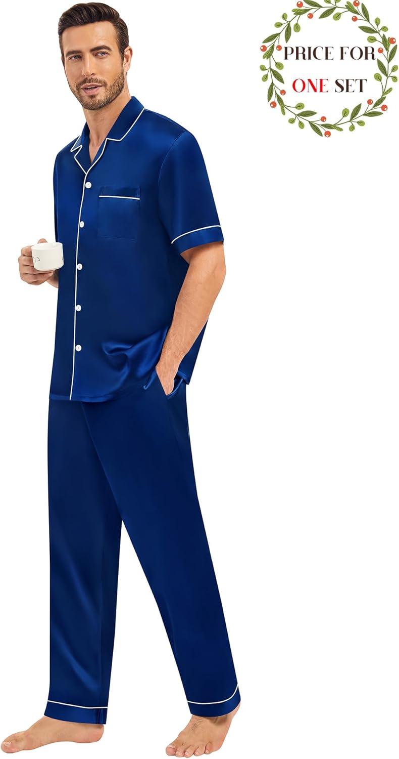 imageSWOMOG Matching Pajamas for Couples Satin Short Sleeve Sleepwear WomenMen Silk Soft Button Down Nightwear 2 Pcs LoungewearNavy Blue