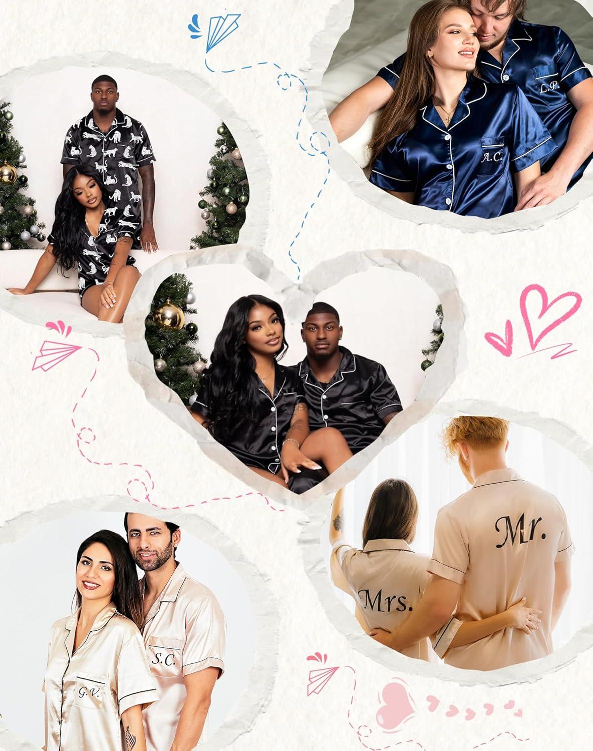 imageSWOMOG Matching Pajamas for Couples Satin Short Sleeve Sleepwear WomenMen Silk Soft Button Down Nightwear 2 Pcs LoungewearNavy Blue