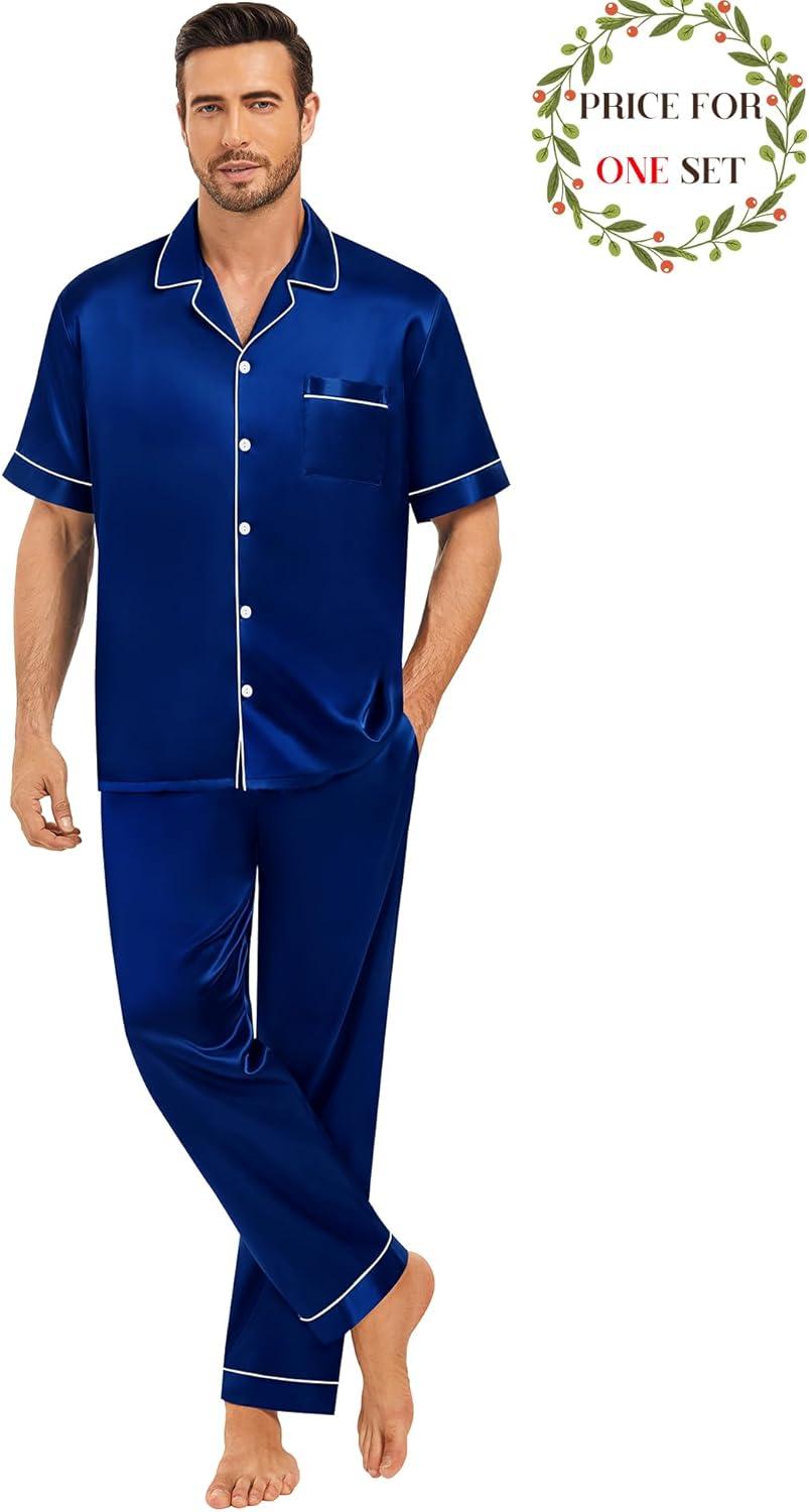 imageSWOMOG Matching Pajamas for Couples Satin Short Sleeve Sleepwear WomenMen Silk Soft Button Down Nightwear 2 Pcs LoungewearNavy Blue