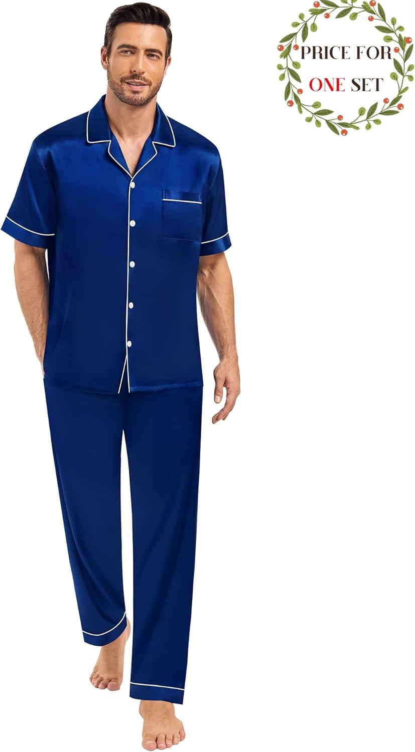 imageSWOMOG Matching Pajamas for Couples Satin Short Sleeve Sleepwear WomenMen Silk Soft Button Down Nightwear 2 Pcs LoungewearNavy Blue