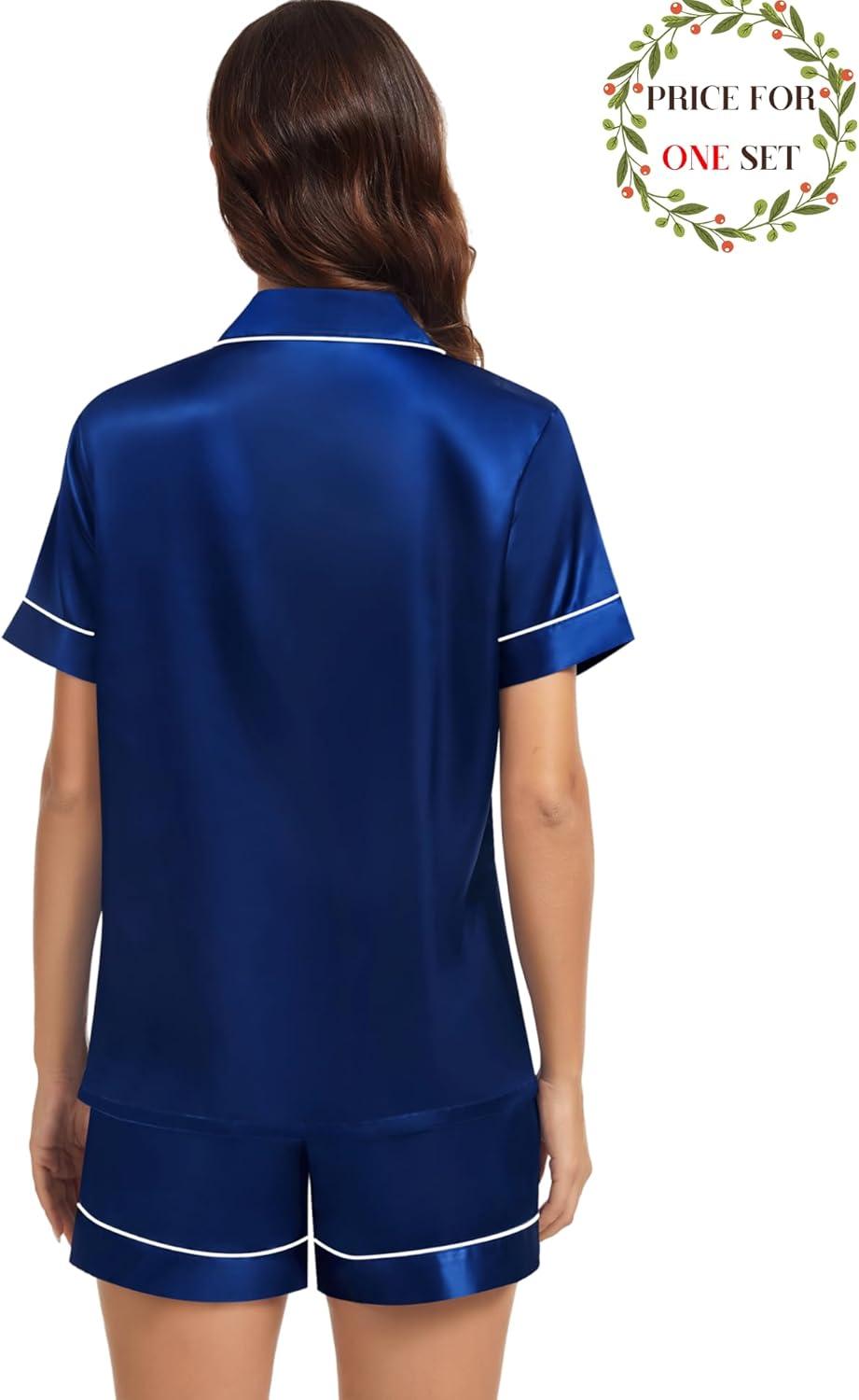 imageSWOMOG Matching Pajamas for Couples Satin Short Sleeve Sleepwear WomenMen Silk Soft Button Down Nightwear 2 Pcs LoungewearNavy Blue