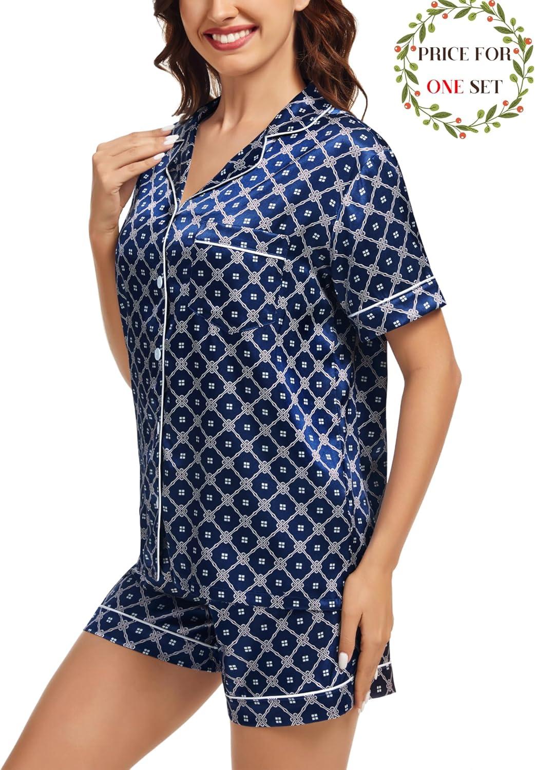imageSWOMOG Matching Pajamas for Couples Satin Short Sleeve Sleepwear WomenMen Silk Soft Button Down Nightwear 2 Pcs LoungewearNavy Blue Flower