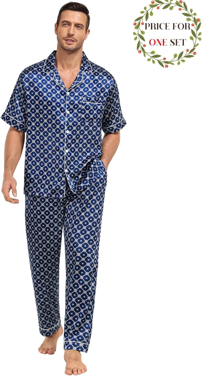 imageSWOMOG Matching Pajamas for Couples Satin Short Sleeve Sleepwear WomenMen Silk Soft Button Down Nightwear 2 Pcs LoungewearNavy Blue Flower