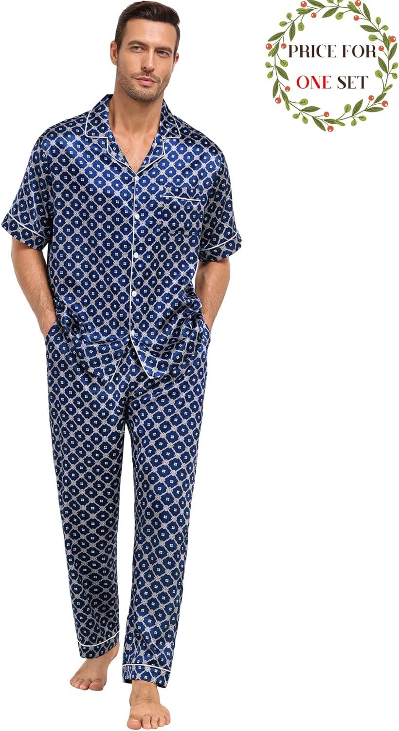 imageSWOMOG Matching Pajamas for Couples Satin Short Sleeve Sleepwear WomenMen Silk Soft Button Down Nightwear 2 Pcs LoungewearNavy Blue Flower