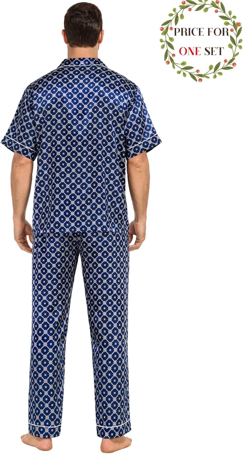 imageSWOMOG Matching Pajamas for Couples Satin Short Sleeve Sleepwear WomenMen Silk Soft Button Down Nightwear 2 Pcs LoungewearNavy Blue Flower