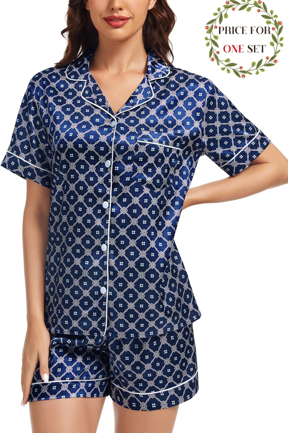 imageSWOMOG Matching Pajamas for Couples Satin Short Sleeve Sleepwear WomenMen Silk Soft Button Down Nightwear 2 Pcs LoungewearNavy Blue Flower
