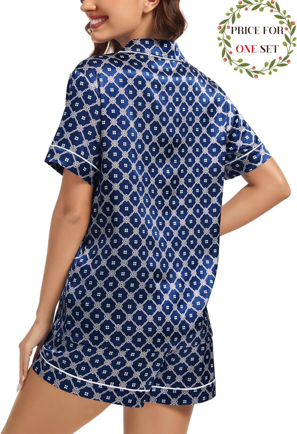 imageSWOMOG Matching Pajamas for Couples Satin Short Sleeve Sleepwear WomenMen Silk Soft Button Down Nightwear 2 Pcs LoungewearNavy Blue Flower