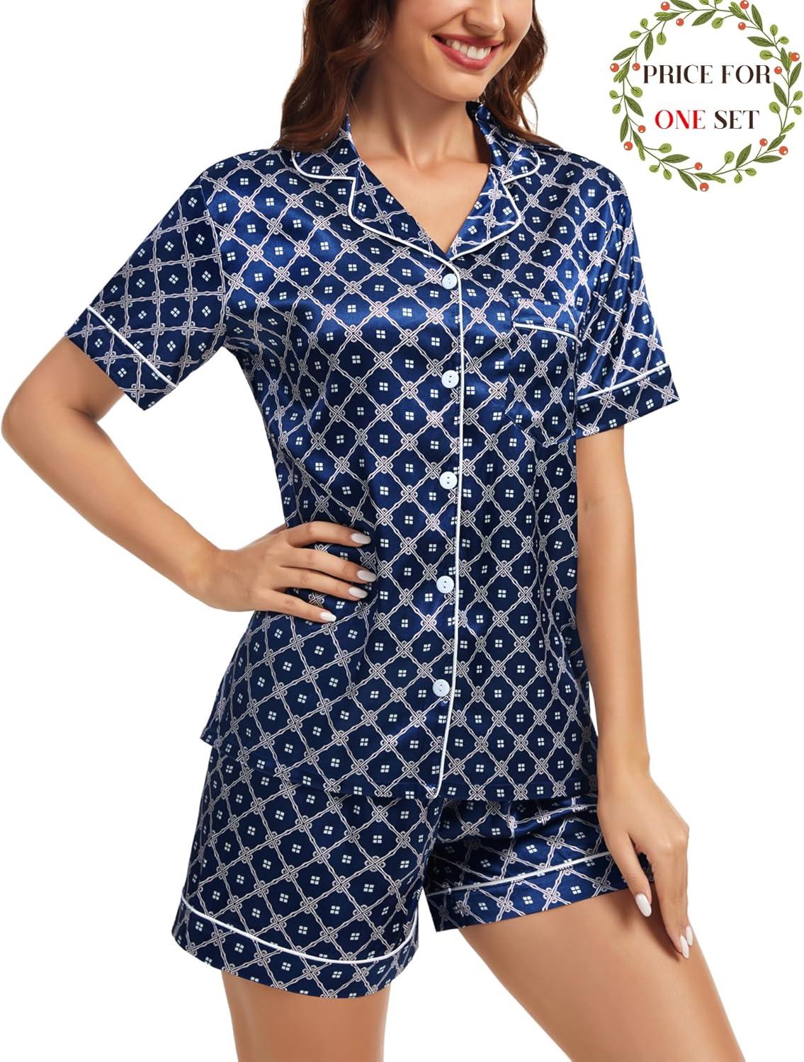 imageSWOMOG Matching Pajamas for Couples Satin Short Sleeve Sleepwear WomenMen Silk Soft Button Down Nightwear 2 Pcs LoungewearNavy Blue Flower