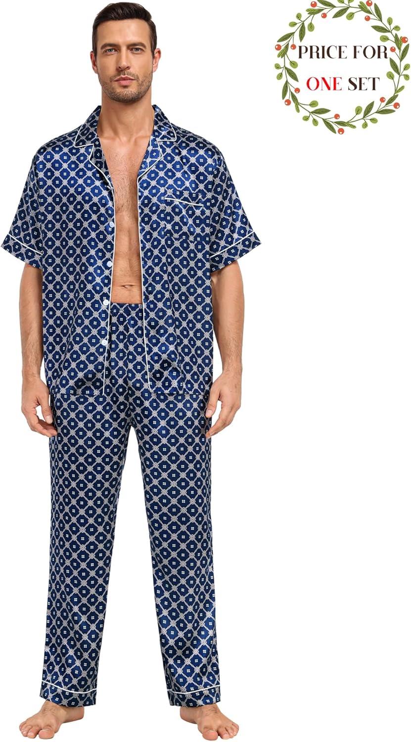 imageSWOMOG Matching Pajamas for Couples Satin Short Sleeve Sleepwear WomenMen Silk Soft Button Down Nightwear 2 Pcs LoungewearNavy Blue Flower