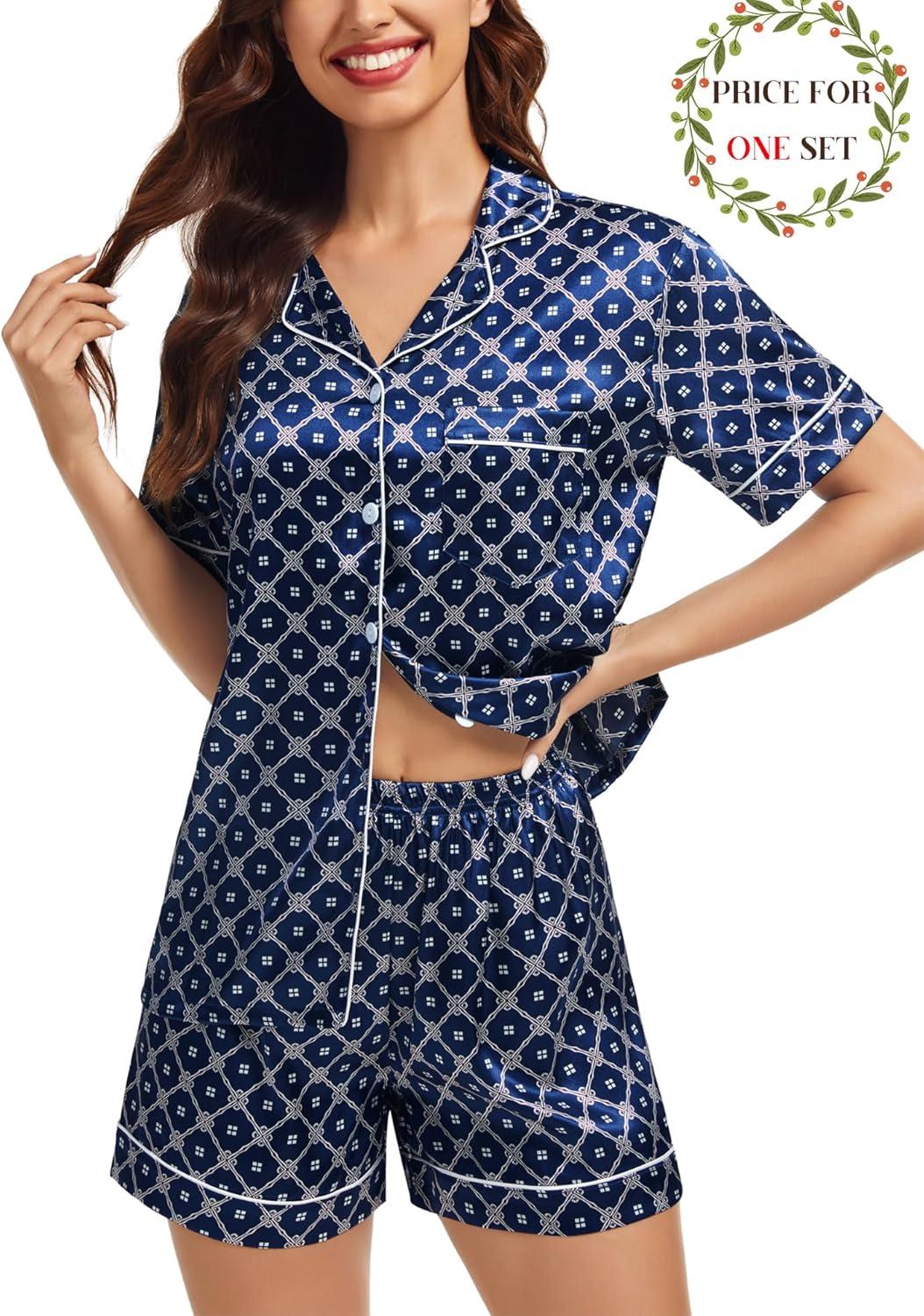imageSWOMOG Matching Pajamas for Couples Satin Short Sleeve Sleepwear WomenMen Silk Soft Button Down Nightwear 2 Pcs LoungewearNavy Blue Flower