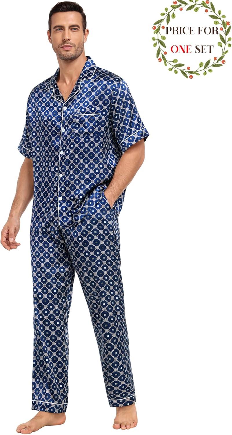 imageSWOMOG Matching Pajamas for Couples Satin Short Sleeve Sleepwear WomenMen Silk Soft Button Down Nightwear 2 Pcs LoungewearNavy Blue Flower