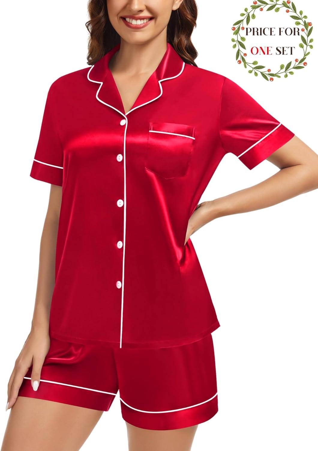 imageSWOMOG Matching Pajamas for Couples Satin Short Sleeve Sleepwear WomenMen Silk Soft Button Down Nightwear 2 Pcs LoungewearRed