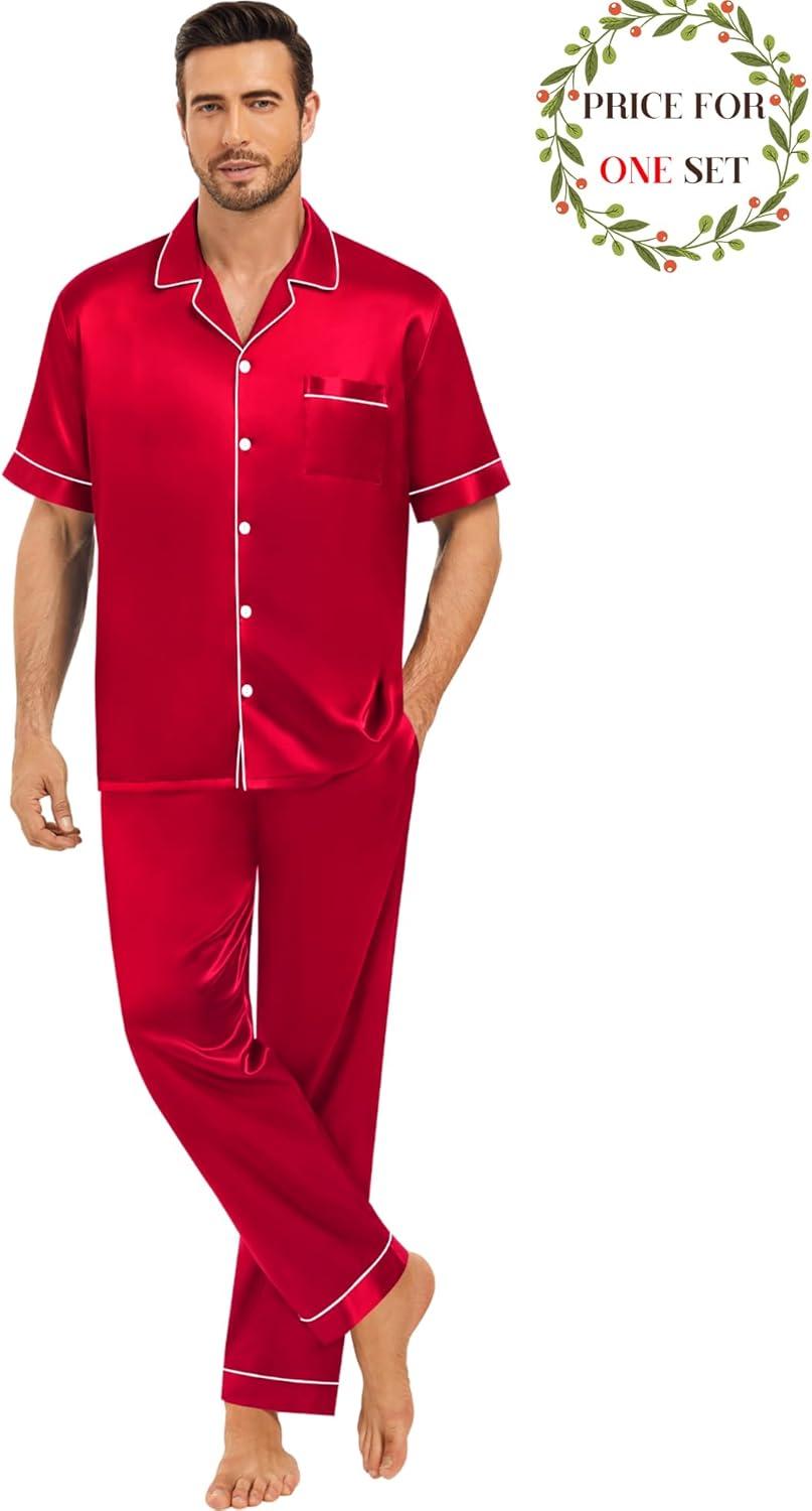 imageSWOMOG Matching Pajamas for Couples Satin Short Sleeve Sleepwear WomenMen Silk Soft Button Down Nightwear 2 Pcs LoungewearRed