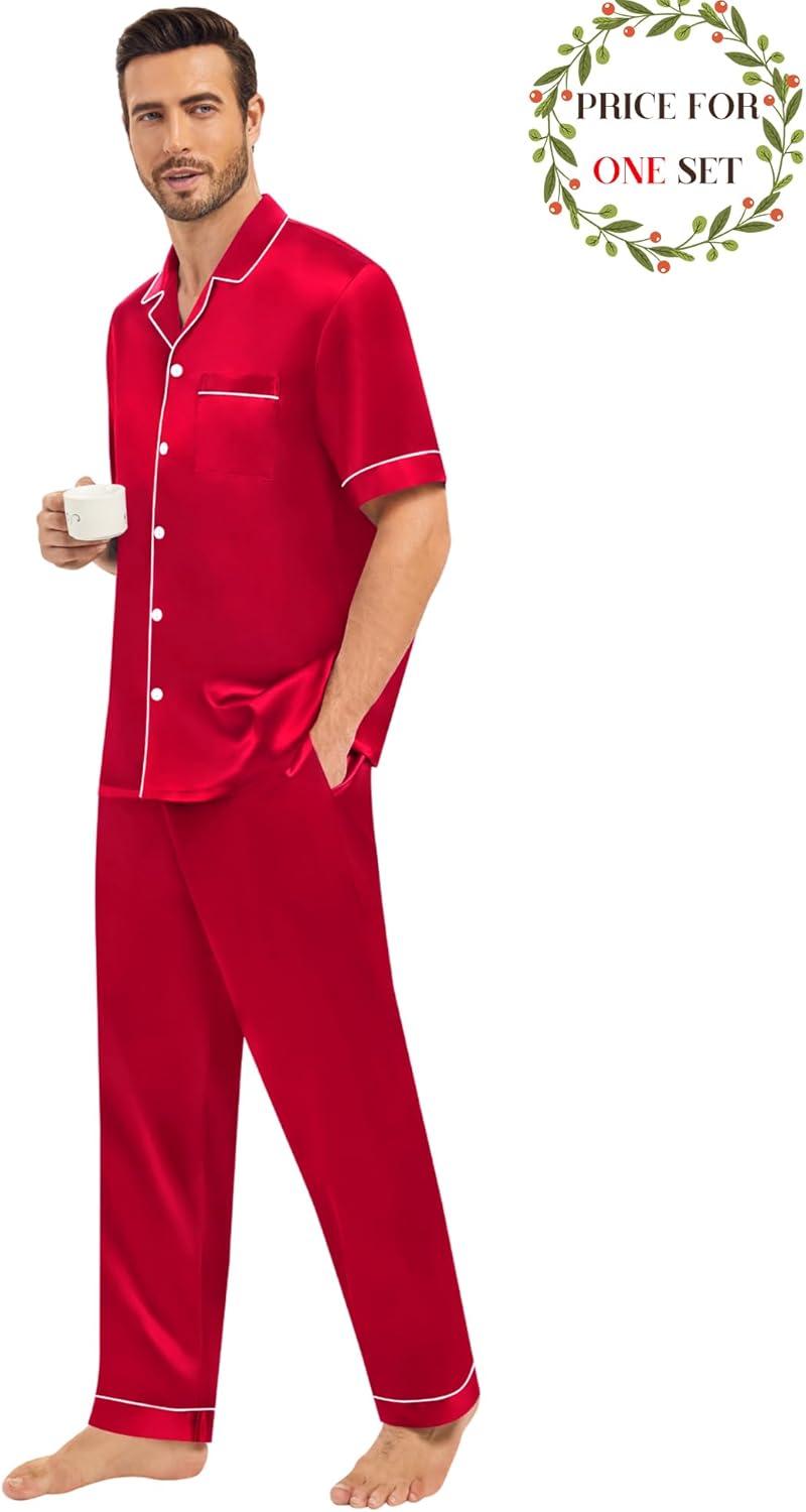 imageSWOMOG Matching Pajamas for Couples Satin Short Sleeve Sleepwear WomenMen Silk Soft Button Down Nightwear 2 Pcs LoungewearRed