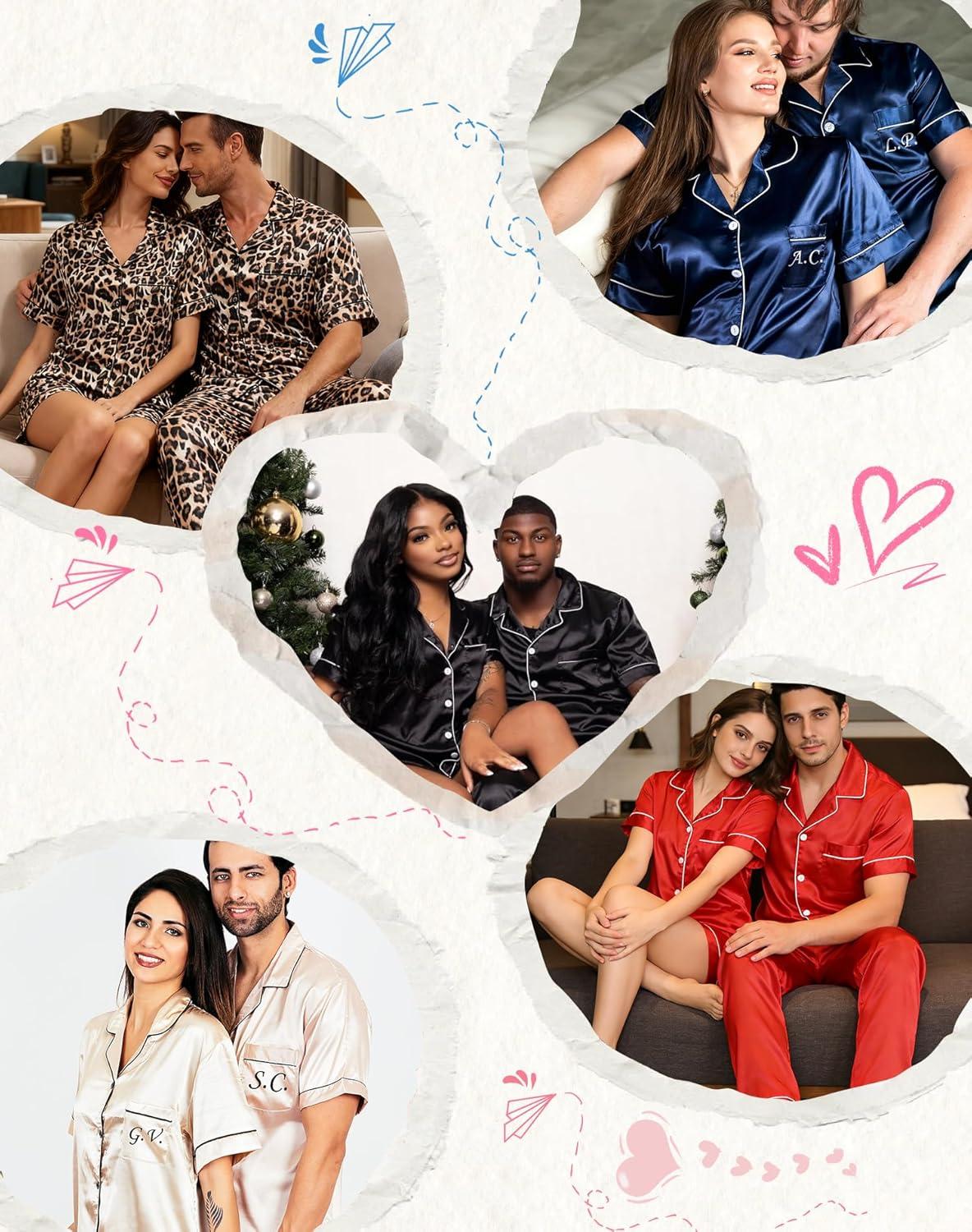 imageSWOMOG Matching Pajamas for Couples Satin Short Sleeve Sleepwear WomenMen Silk Soft Button Down Nightwear 2 Pcs LoungewearRed