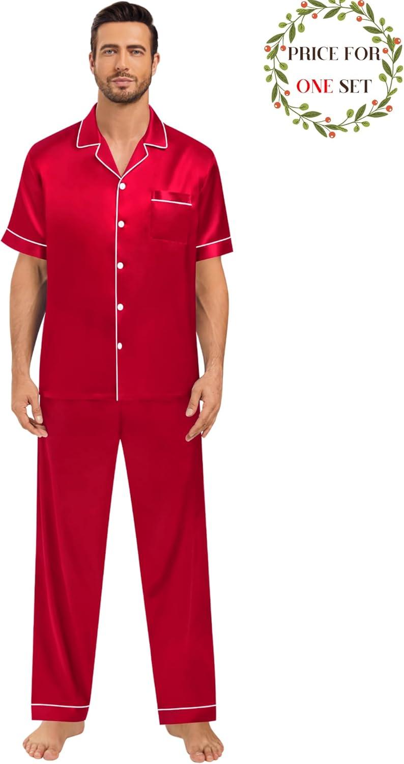 imageSWOMOG Matching Pajamas for Couples Satin Short Sleeve Sleepwear WomenMen Silk Soft Button Down Nightwear 2 Pcs LoungewearRed