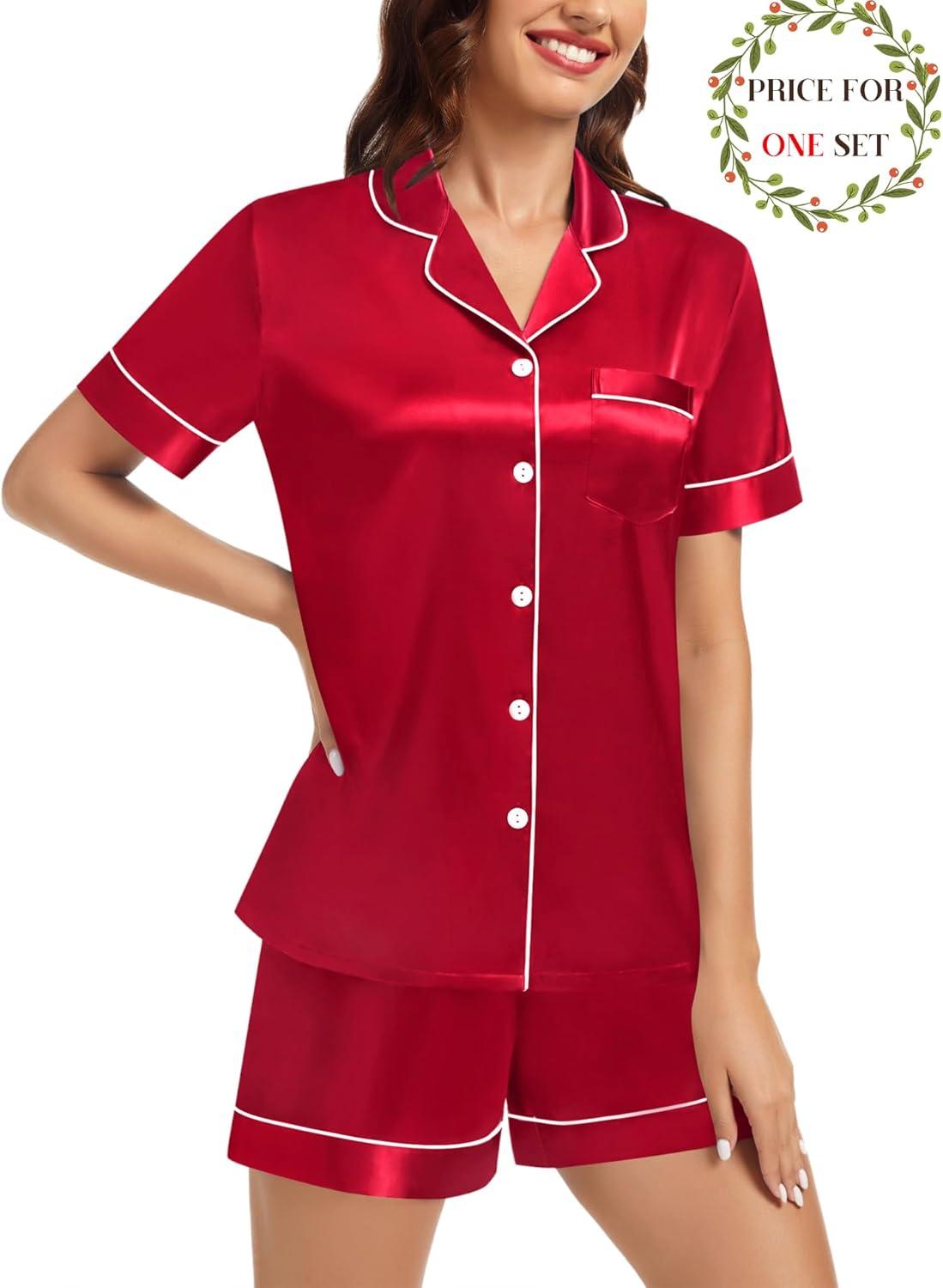 imageSWOMOG Matching Pajamas for Couples Satin Short Sleeve Sleepwear WomenMen Silk Soft Button Down Nightwear 2 Pcs LoungewearRed