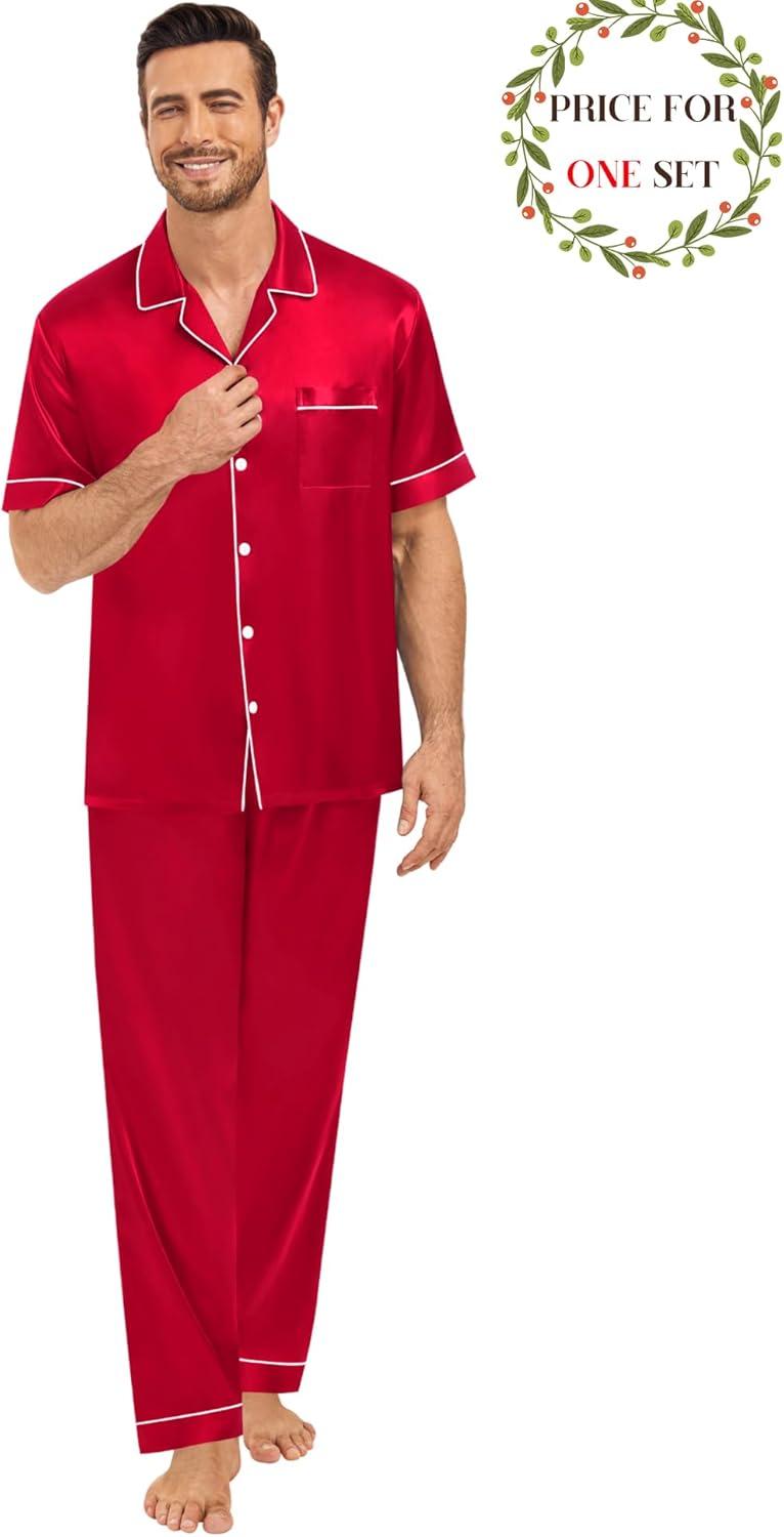 imageSWOMOG Matching Pajamas for Couples Satin Short Sleeve Sleepwear WomenMen Silk Soft Button Down Nightwear 2 Pcs LoungewearRed