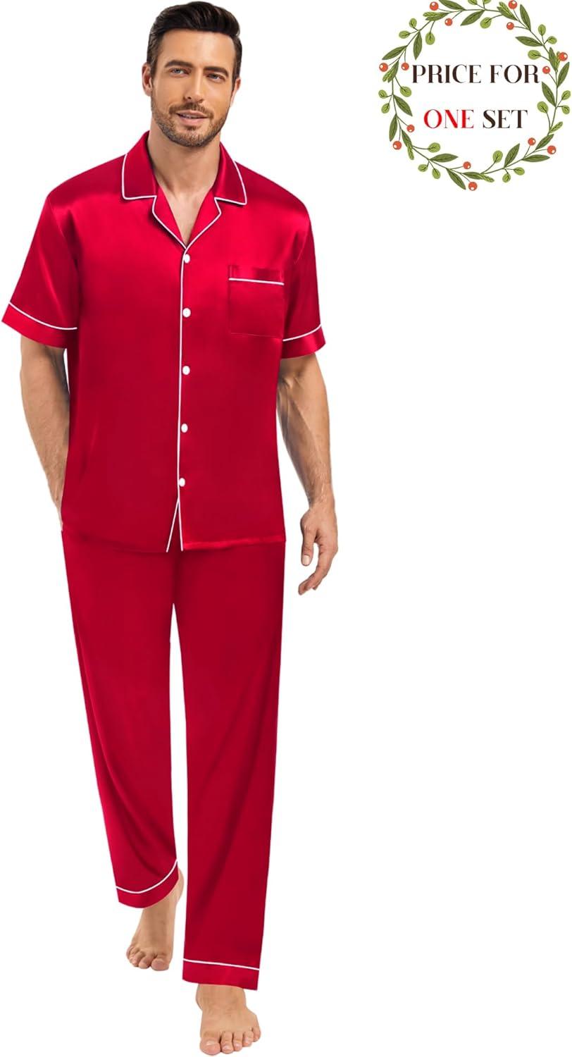 imageSWOMOG Matching Pajamas for Couples Satin Short Sleeve Sleepwear WomenMen Silk Soft Button Down Nightwear 2 Pcs LoungewearRed