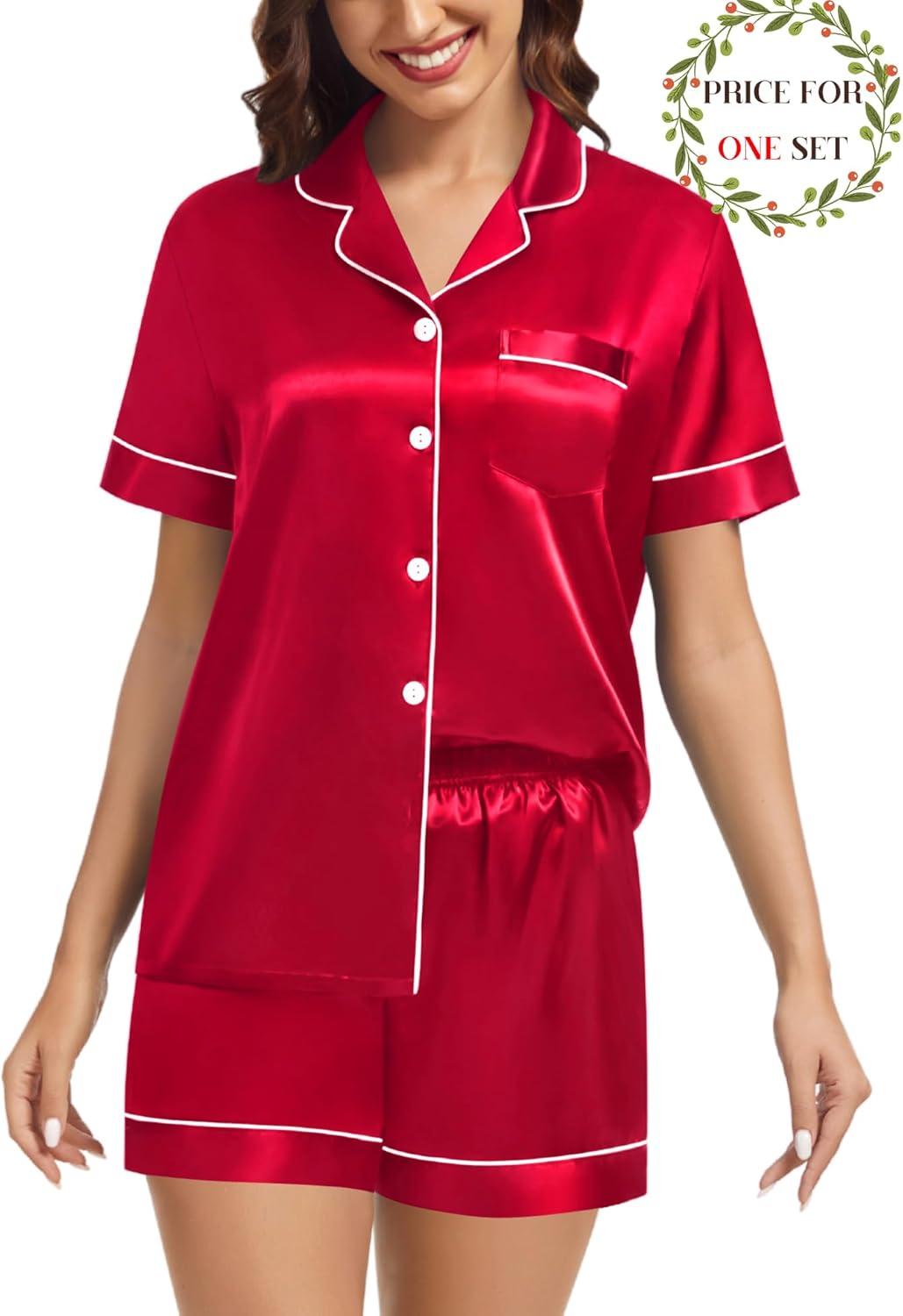imageSWOMOG Matching Pajamas for Couples Satin Short Sleeve Sleepwear WomenMen Silk Soft Button Down Nightwear 2 Pcs LoungewearRed