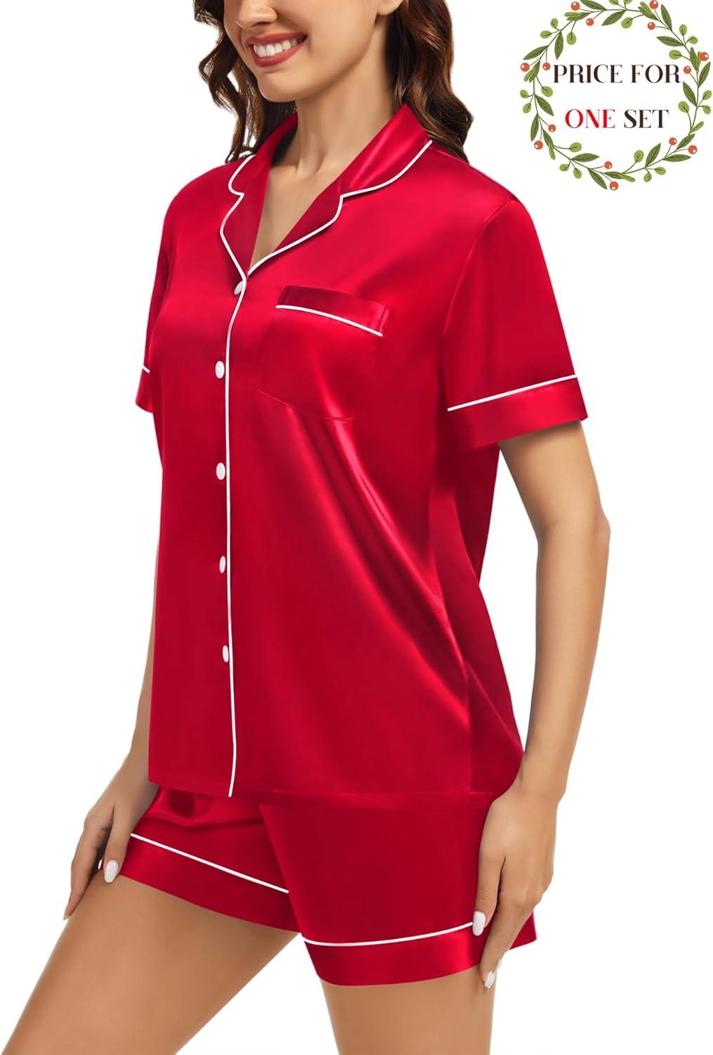 imageSWOMOG Matching Pajamas for Couples Satin Short Sleeve Sleepwear WomenMen Silk Soft Button Down Nightwear 2 Pcs LoungewearRed
