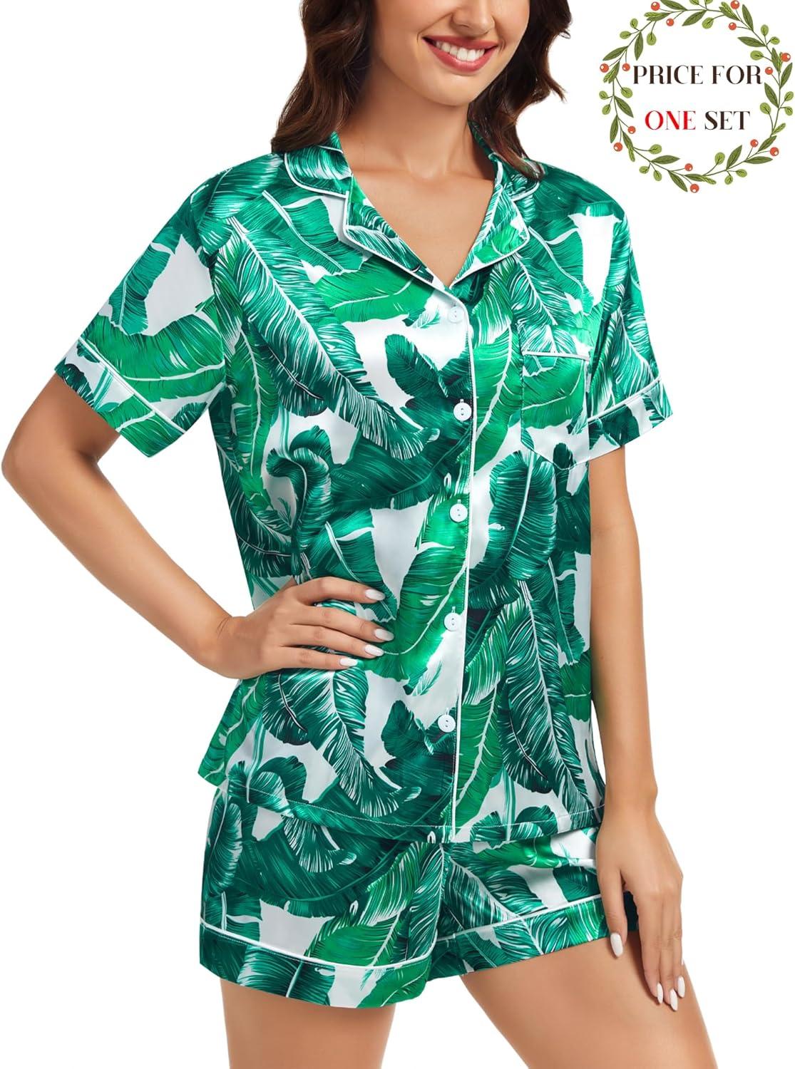 imageSWOMOG Matching Pajamas for Couples Satin Short Sleeve Sleepwear WomenMen Silk Soft Button Down Nightwear 2 Pcs LoungewearWhite Leaves