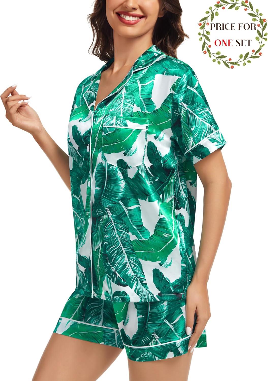 imageSWOMOG Matching Pajamas for Couples Satin Short Sleeve Sleepwear WomenMen Silk Soft Button Down Nightwear 2 Pcs LoungewearWhite Leaves