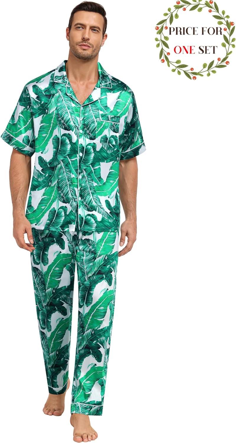 imageSWOMOG Matching Pajamas for Couples Satin Short Sleeve Sleepwear WomenMen Silk Soft Button Down Nightwear 2 Pcs LoungewearWhite Leaves