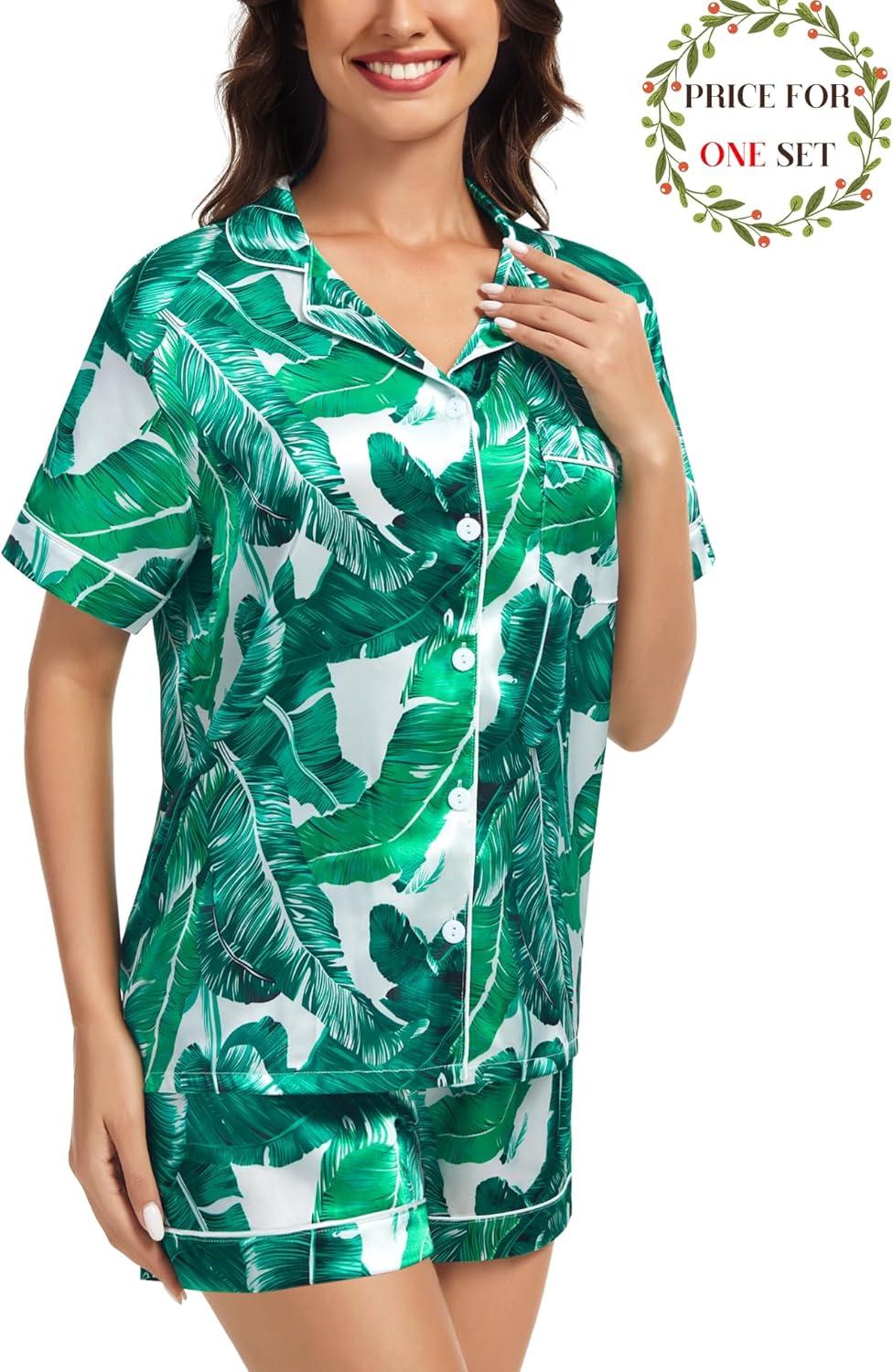 imageSWOMOG Matching Pajamas for Couples Satin Short Sleeve Sleepwear WomenMen Silk Soft Button Down Nightwear 2 Pcs LoungewearWhite Leaves
