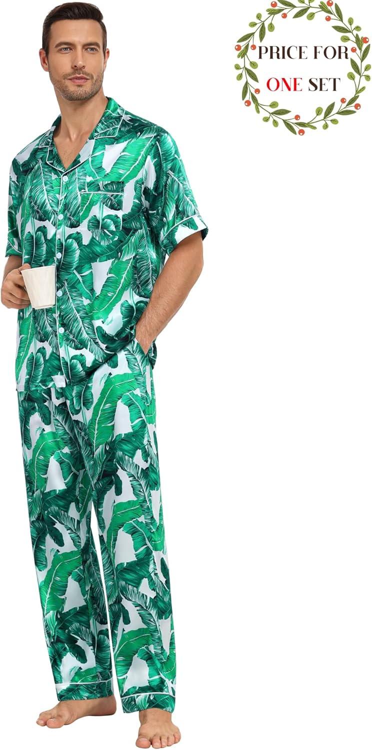imageSWOMOG Matching Pajamas for Couples Satin Short Sleeve Sleepwear WomenMen Silk Soft Button Down Nightwear 2 Pcs LoungewearWhite Leaves