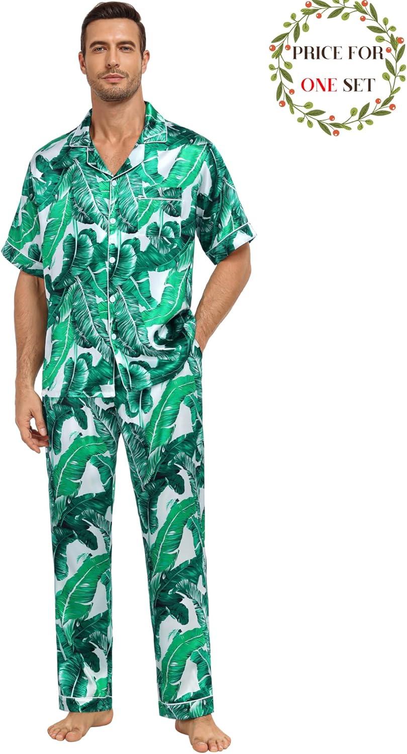 imageSWOMOG Matching Pajamas for Couples Satin Short Sleeve Sleepwear WomenMen Silk Soft Button Down Nightwear 2 Pcs LoungewearWhite Leaves