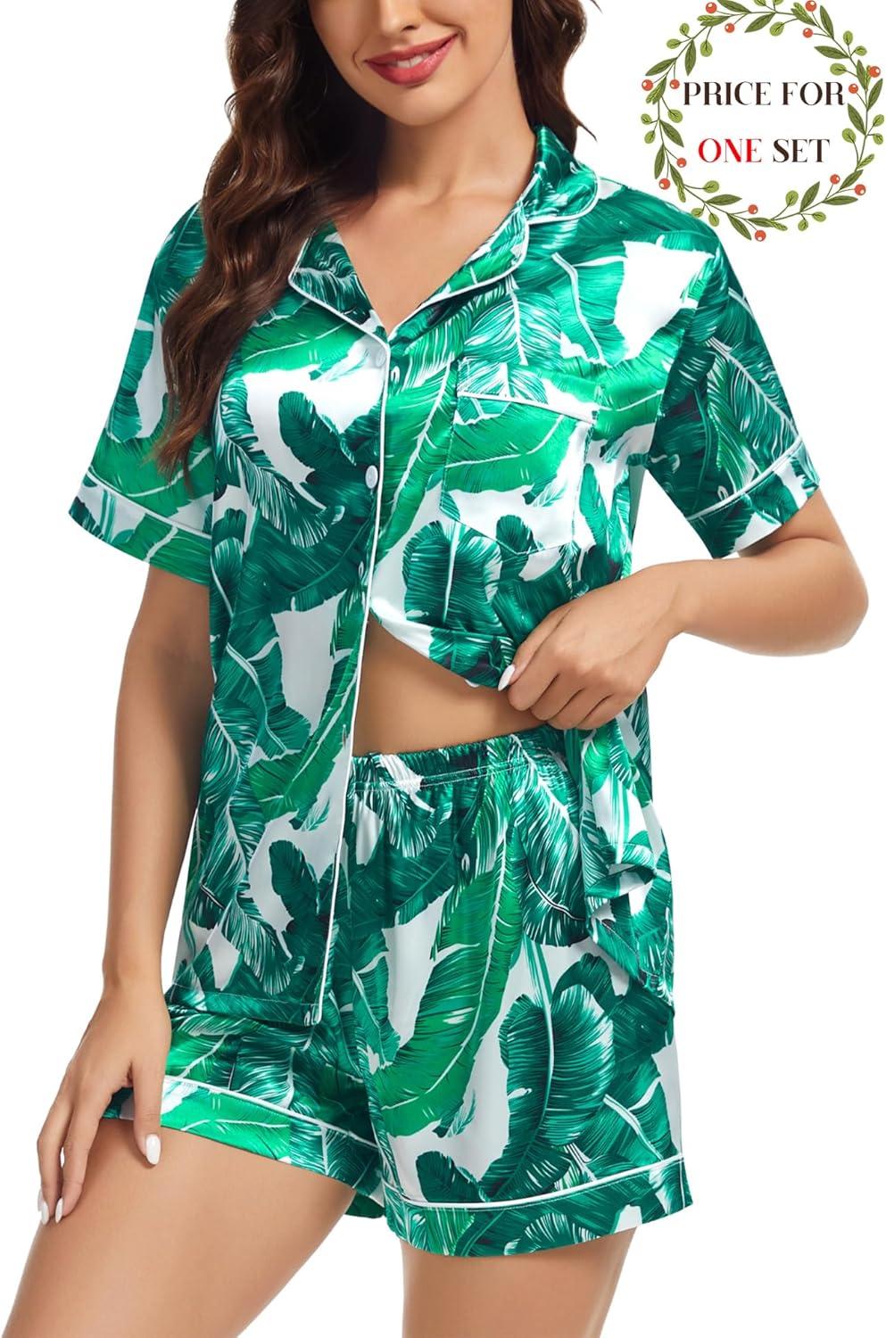 imageSWOMOG Matching Pajamas for Couples Satin Short Sleeve Sleepwear WomenMen Silk Soft Button Down Nightwear 2 Pcs LoungewearWhite Leaves