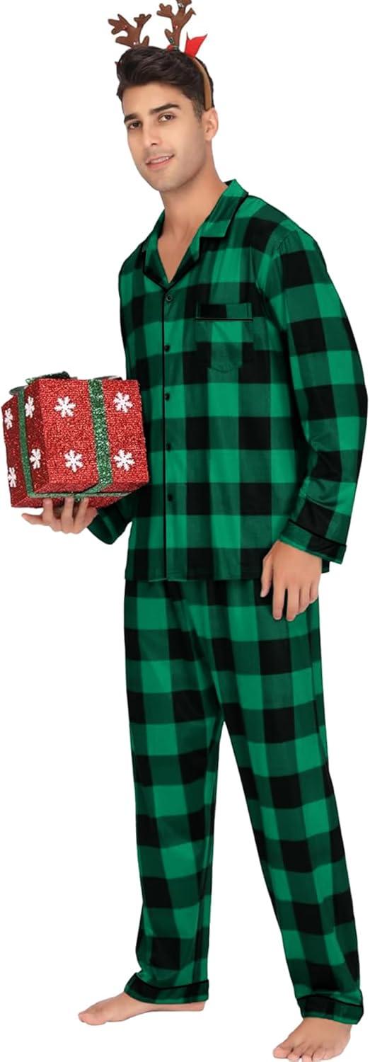 imageSWOMOG Mens Christmas Pajamas Sets Long Sleeve Button Down Pjs Mens Sleepwear Soft 2 Pcs Loungewear Nightwear with PocketsBlack Green Grid
