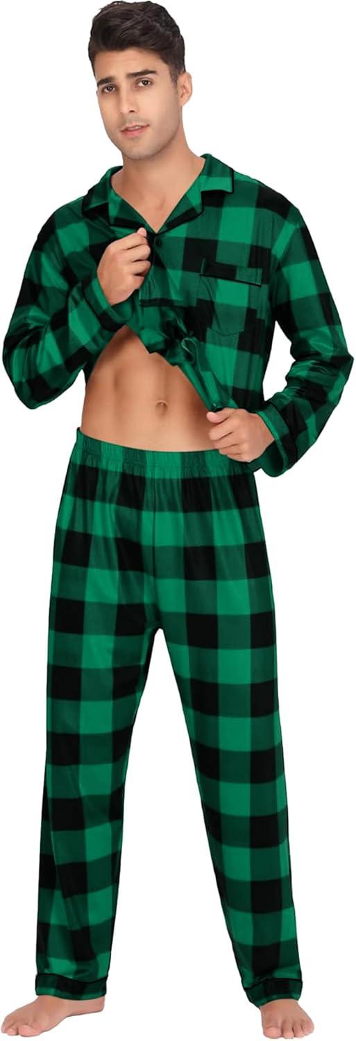imageSWOMOG Mens Christmas Pajamas Sets Long Sleeve Button Down Pjs Mens Sleepwear Soft 2 Pcs Loungewear Nightwear with PocketsBlack Green Grid