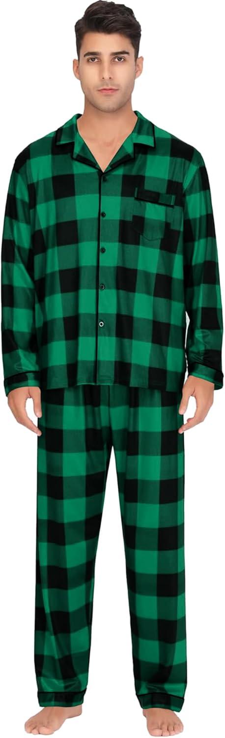 imageSWOMOG Mens Christmas Pajamas Sets Long Sleeve Button Down Pjs Mens Sleepwear Soft 2 Pcs Loungewear Nightwear with PocketsBlack Green Grid