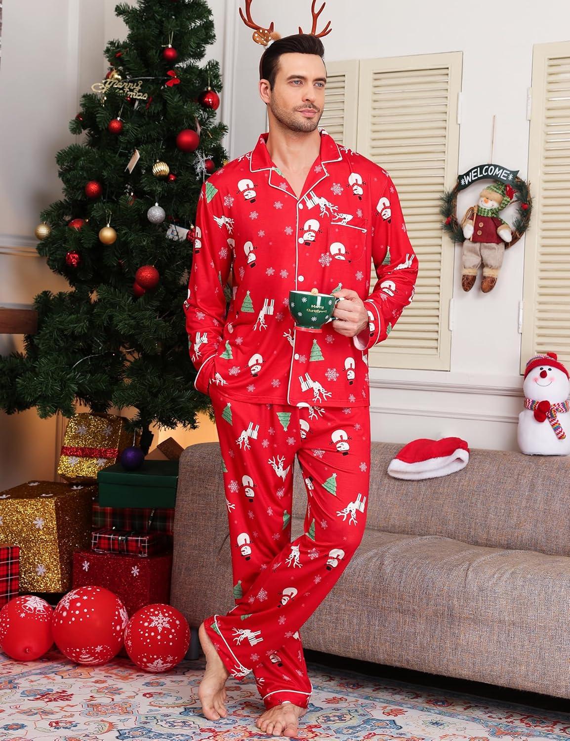 imageSWOMOG Mens Christmas Pajamas Sets Long Sleeve Button Down Pjs Mens Sleepwear Soft 2 Pcs Loungewear Nightwear with PocketsRed Christmas Pattern