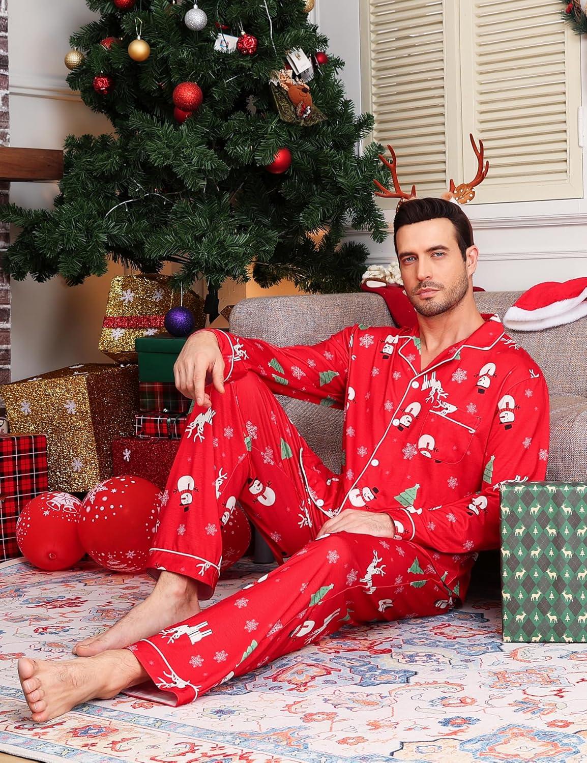 imageSWOMOG Mens Christmas Pajamas Sets Long Sleeve Button Down Pjs Mens Sleepwear Soft 2 Pcs Loungewear Nightwear with PocketsRed Christmas Pattern