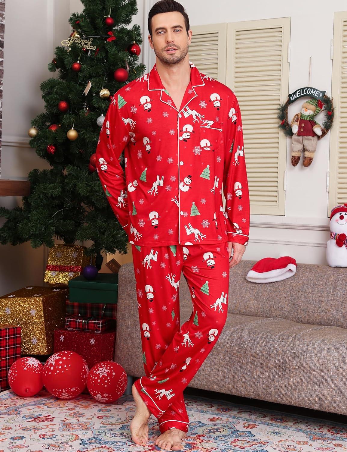 imageSWOMOG Mens Christmas Pajamas Sets Long Sleeve Button Down Pjs Mens Sleepwear Soft 2 Pcs Loungewear Nightwear with PocketsRed Christmas Pattern