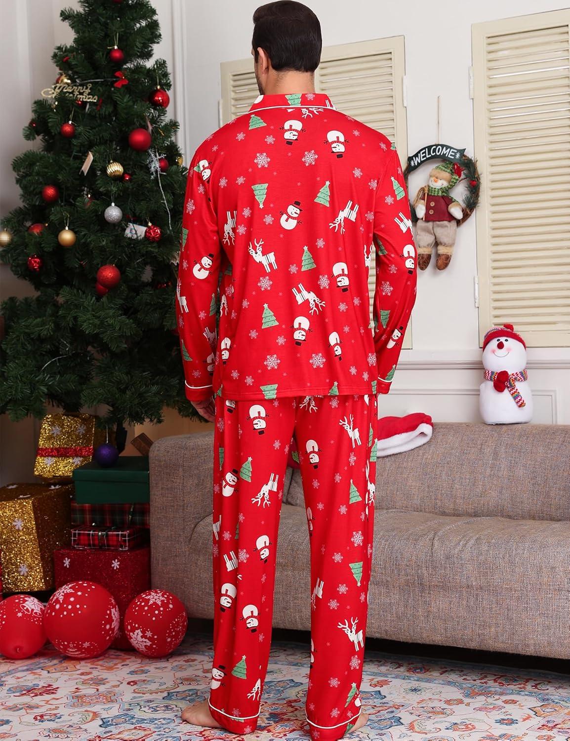 imageSWOMOG Mens Christmas Pajamas Sets Long Sleeve Button Down Pjs Mens Sleepwear Soft 2 Pcs Loungewear Nightwear with PocketsRed Christmas Pattern