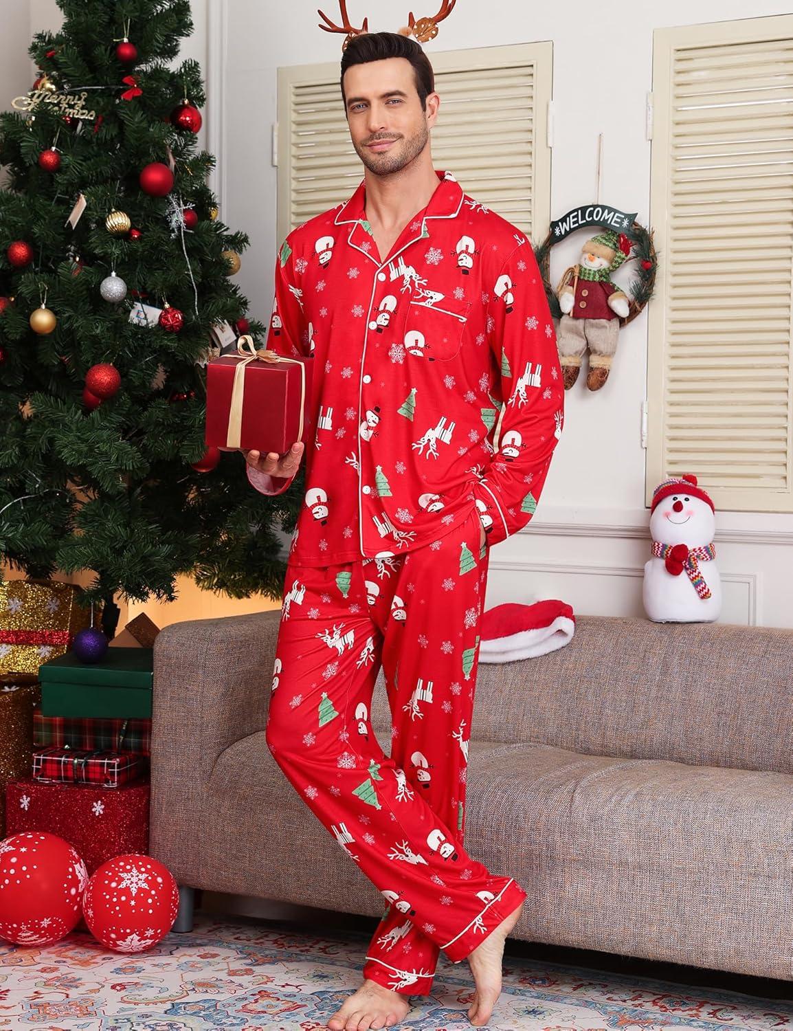imageSWOMOG Mens Christmas Pajamas Sets Long Sleeve Button Down Pjs Mens Sleepwear Soft 2 Pcs Loungewear Nightwear with PocketsRed Christmas Pattern