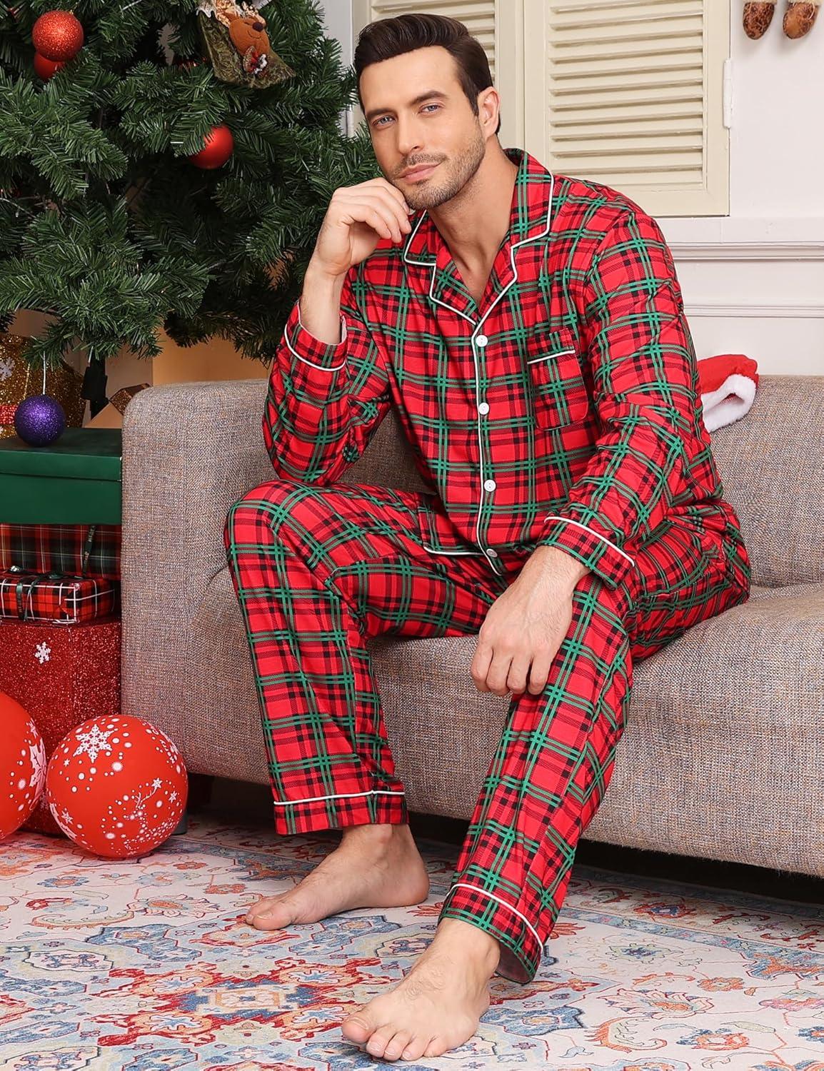 imageSWOMOG Mens Christmas Pajamas Sets Long Sleeve Button Down Pjs Mens Sleepwear Soft 2 Pcs Loungewear Nightwear with PocketsRed Green Grid