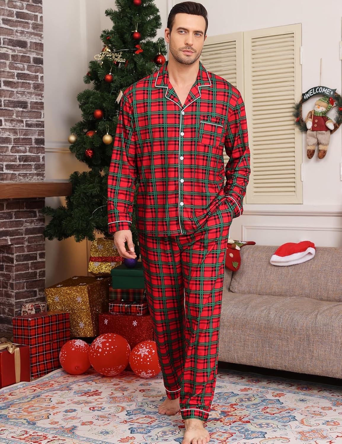 imageSWOMOG Mens Christmas Pajamas Sets Long Sleeve Button Down Pjs Mens Sleepwear Soft 2 Pcs Loungewear Nightwear with PocketsRed Green Grid