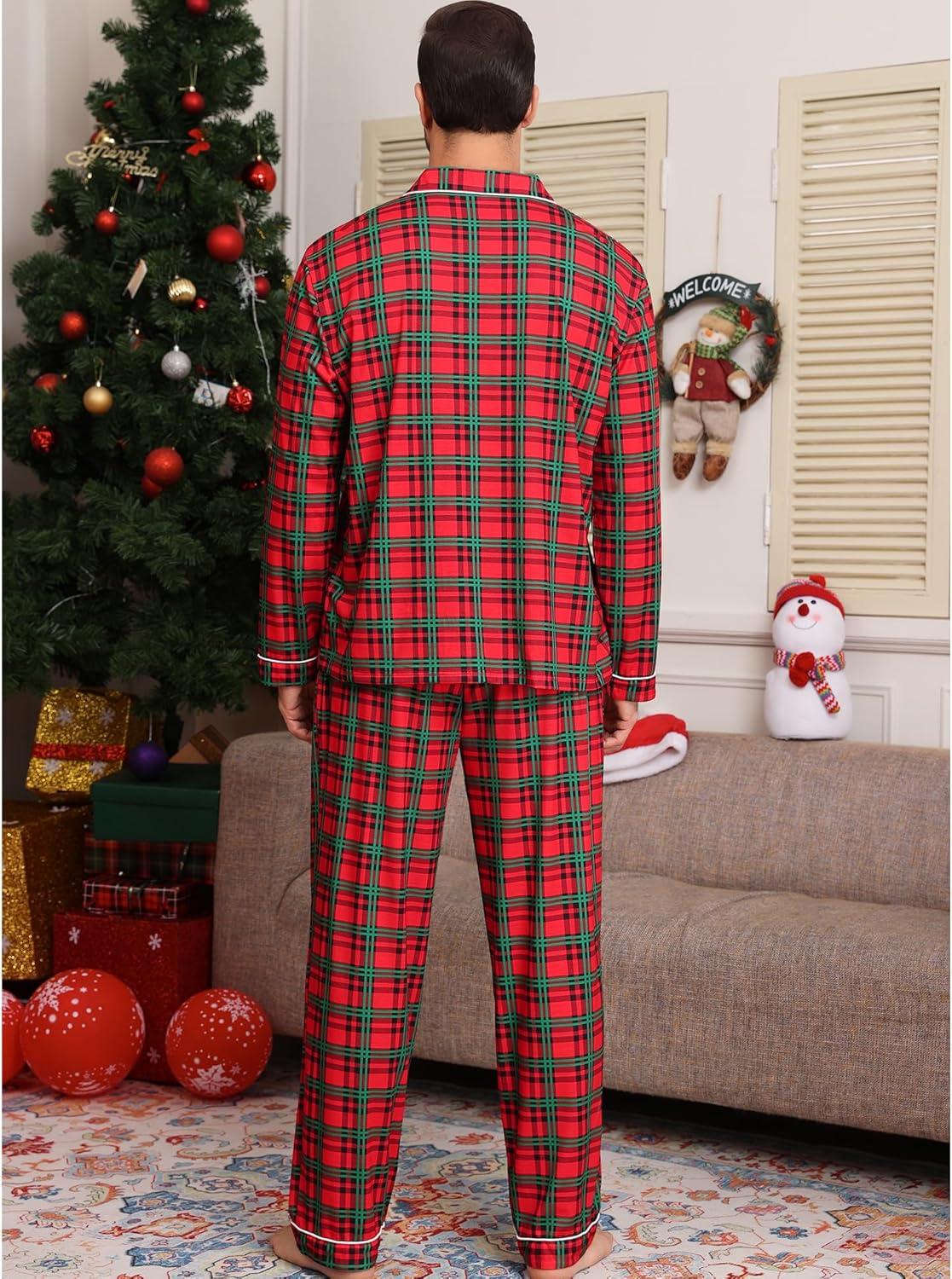 imageSWOMOG Mens Christmas Pajamas Sets Long Sleeve Button Down Pjs Mens Sleepwear Soft 2 Pcs Loungewear Nightwear with PocketsRed Green Grid