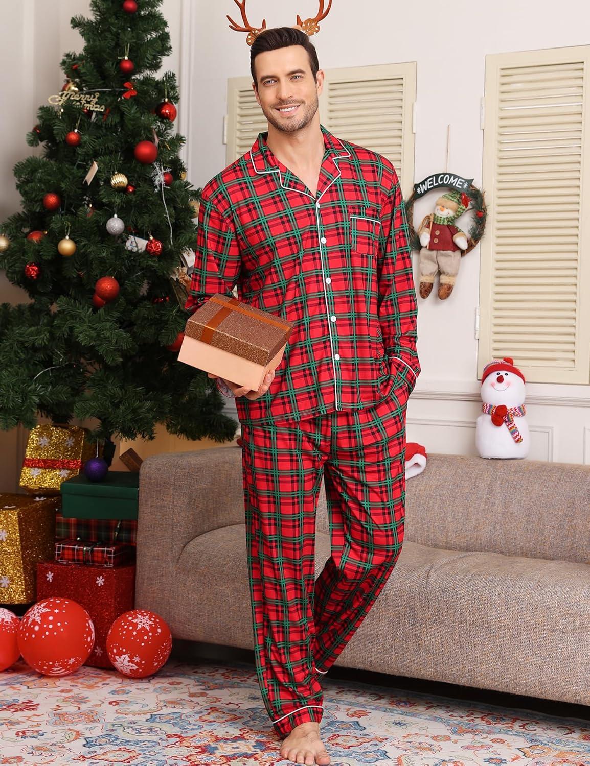 imageSWOMOG Mens Christmas Pajamas Sets Long Sleeve Button Down Pjs Mens Sleepwear Soft 2 Pcs Loungewear Nightwear with PocketsRed Green Grid