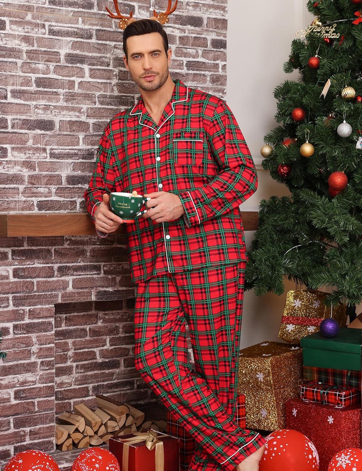 imageSWOMOG Mens Christmas Pajamas Sets Long Sleeve Button Down Pjs Mens Sleepwear Soft 2 Pcs Loungewear Nightwear with PocketsRed Green Grid
